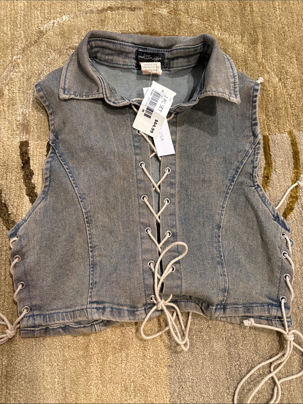 Sleeveless Lace-Up Denim Crop Top - Light Blue